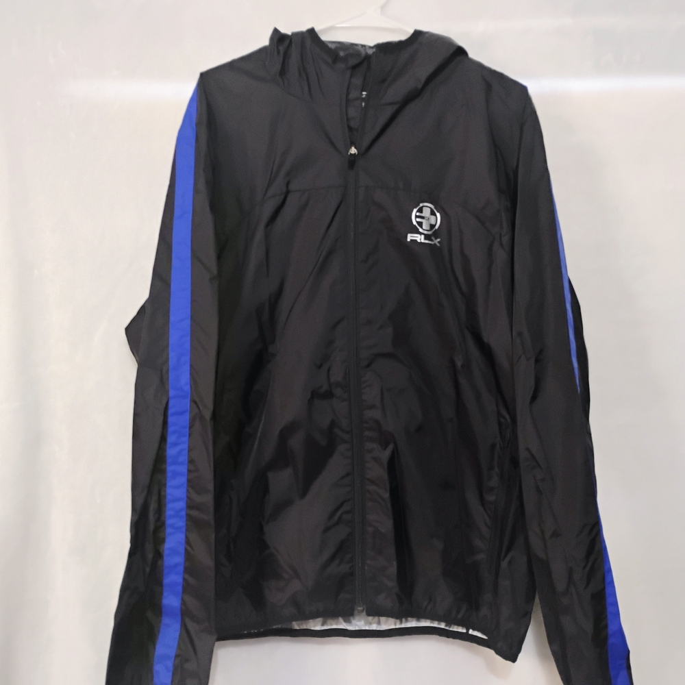 RLX Ralph Lauren Mens XXL Windbreaker Jacket Black Blue Stripe Hooded Full Zip R